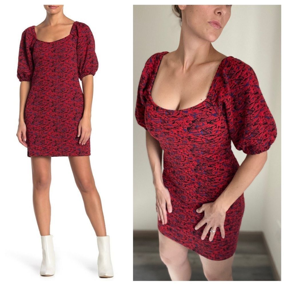 Free People Bodycon Dress Jacquard Red Statement Sleeves Stretch Small